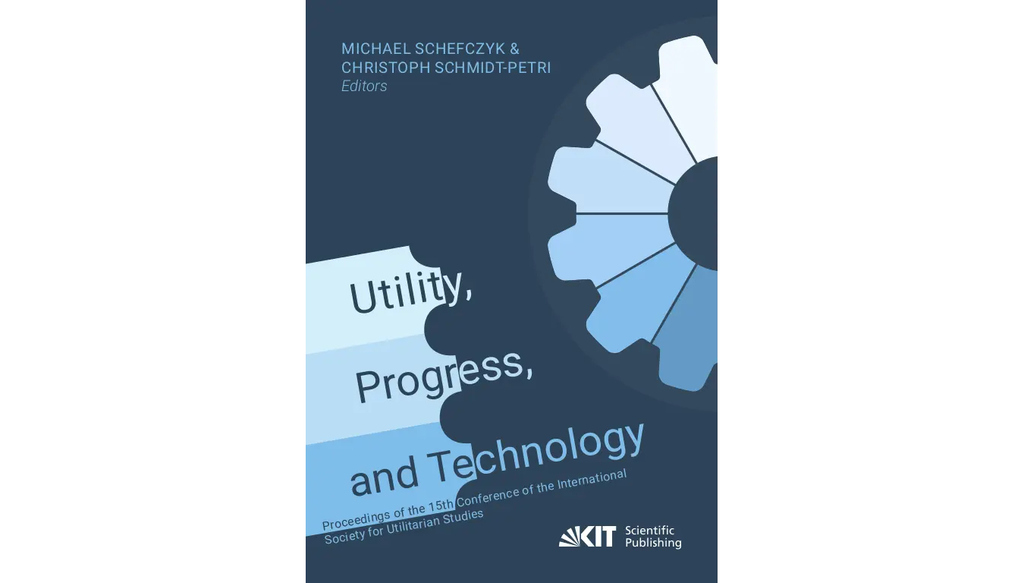 Deckblatt mit Zahnradsymbol, Titel „Utility, Progress, and Technology“ in Blau.